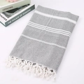 Turkish cotton beach towel with grey stripes and hand-knotted tassels on white background - 100*180CM / Gray
