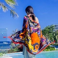 Ethnic style cotton linen shawl with elephant print and red tassels for beach vacations - 180cm / Ethnic Elephant Red Tassel Style (L113)