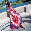 Ethnic bohemian cotton linen shawl with colorful mandala patterns and red tassels - 180cm / Red Mandala Ethnic Tassel Style (L115)