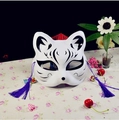 Japanese fox mask in white with black patterns, purple tassels and bell charms - Black W Style