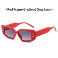 Retro rectangle sunglasses with red frame, gradient grey lenses and gold rivets - Red Frame Gradient Grey Lens