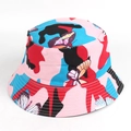Detailed view of bucket hat with butterfly print, flat top and multi-stitched brim - M (56-58cm) / 6# Pink Blue Geometric Butterfly (YFM360)