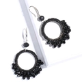 Bohemian black beaded hoop earrings with woven silk thread and silver hooks - Black