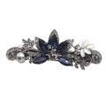 Detail of vintage blue crystal hair clip with faux pearl on silver metal base - F48-7 Peacock Style