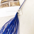 Blue tassel cat wand with metallic tinsel, silver bell and clear stick for interactive play - Sapphire Blue