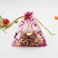 Purple organza drawstring pouch with gold heart patterns for jewelry and gift packaging - Rose Red