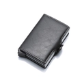 Detail view of the sleek black PU leather texture and aluminum pop-up card mechanism - Light Gray