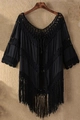 Black hollow crochet cover-up with V-neck tie and long fringe bohemian hemline - One Size / Tops / Black