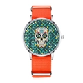 Detail of a minimalist silver watch with orange nylon strap and sugar skull pattern dial - Orange