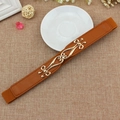 Women's slim elastic dress belt in brown with elegant golden hollowed-out pattern buckle - Camel / 65cm