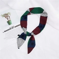 Slim twilly silk scarf with colorful geometric prints and polka dots tied in a knot - 1 Green Leaves Patchwork