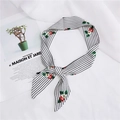 Black and white striped skinny silk scarf with red and green floral embroidery detail - 6 Small Flowers White