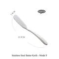 Polished silver 304 stainless steel butter knife measuring 15.5cm in length and 32g in weight - Style F (420 Stainless Steel)