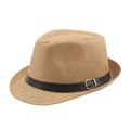 Classic light brown straw fedora hat featuring a stylish black leather band with silver buckle - 58 / Khaki