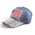 Berretto da baseball in denim con bandiera USA in strass e visiera argentata scintillante - Taglia unica / Denim blu medio scuro