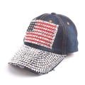 Berretto in denim con bandiera USA di strass e visiera con borchie argentate per uomo e donna - Taglia unica / Denim scuro