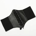 Vintage style extra wide black elastic corset belt with leather lace-up front and silver eyelets - Black