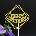 Golden glitter Happy Birthday cake topper with geometric double diamond frame design - Square Happy Birthday