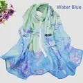Detail of floral and bird print on gradient water blue chiffon scarf with sheer texture - Aqua