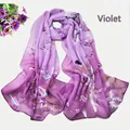 Violet chiffon scarf with Chinese style bird and flower print on white background - Violet
