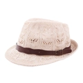Summer knit Panama hat in cream white with a brown leather belt and floral mesh pattern - Khaki (Belt Style)