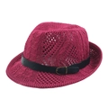 Summer breathable hollow knit fedora hat in dark pink with a black leather belt detail - Wine Red (Belt Style)