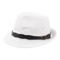 White lace knit Panama hat with black leather belt and metal buckle accessory - White (Belt Style)