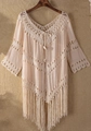 Beige boho crochet beach cover-up with hollow-out knit design and long fringe tassels - One Size / Tops / Apricot