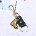Vintage bronze alloy boot keychain with genuine black leather and lobster clasp - Black