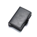 Detail view of the pop-up slider mechanism on a black PU leather aluminum card holder wallet - Black