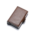 Brown PU leather dual-box aluminum card holder with automatic pop-up mechanism - Coffee