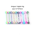 Set of 10 colorful 1.4x19x5mm stainless steel tongue rings with marbled pattern finish - 10 Pcs/Set / Multicolor Water Ripple