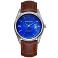 Men's fashion silver watch with dark blue dial and brown faux leather strap - Male Style / Brown Leather Strap Royal Blue Dial Men