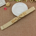Women's beige elastic skinny belt featuring an elegant gold hollow-out metal buckle - Beige / 65cm
