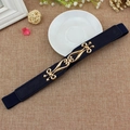 Elastic navy blue waist belt for women with vintage floral gold buckle closure - Navy Blue