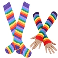Rainbow striped long socks and fingerless arm warmers set in soft knitted cotton - One Size / Purple (Gloves and Socks Set)