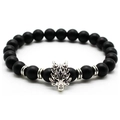 Men's black matte stone bead bracelet featuring a silver dragon head charm pendant - Matte Black / Silver