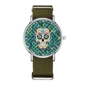 Close-up of olive nylon strap watch featuring a colorful sugar skull design dial - Green