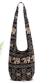 Ethnic bohemian black canvas bucket bag with detailed beige elephant and flower prints - Khaki
