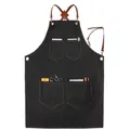 Tablier de travail en denim noir avec bretelles en cuir marron et poches multiples - Taille Unique (80x54cm) / Style D Noir