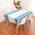 Detail view of rectangular Christmas tablecloth with Santa and tree motifs in blue and white - Style 4 Christmas Tree