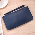 Navy blue faux leather long wallet with litchi texture and gold zipper detail - Sapphire Blue