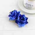 Ethnic blue velvet rose hair comb for brides with double flowers on a golden metal base - Sapphire Blue