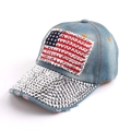 Detail of light blue denim baseball cap with American flag and shiny rhinestones - One Size / Light Green Blue Denim