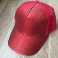 Fashionable red sequin trucker hat with breathable mesh back and sparkly glitter front - Red