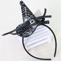 Halloween witch hat headband with silver spider web pattern and black mesh bow detail - Silver Spider Web Hat