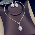 Silver bridal jewelry set featuring pear-cut zircon halo necklace and matching earrings - GS08 Halo Waterdrop Set / Silver