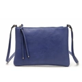 Close-up of blue PU leather envelope crossbody bag with decorative tassel and gold zipper - Sapphire Blue