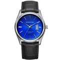 Men's quartz watch with blue dial, silver steel case, and black crocodile leather strap - Male Style / Black Leather Strap Royal Blue Dial Men