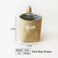Hanging jute storage bag with blue stripes and 13x10cm size label in Nordic style - Dark Blue Striped